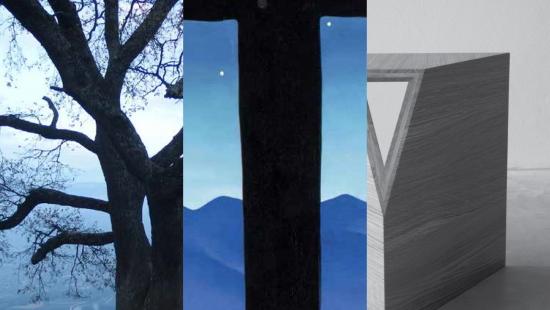 a tree, a mountain skyline with stars, and the corner of a concrete block in shades of blue, gray, and white