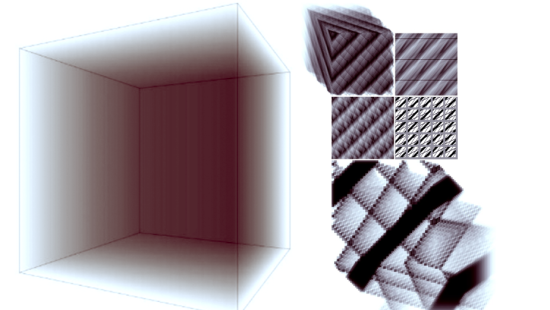 A brown cube next to square shapes with different black and white patterns.