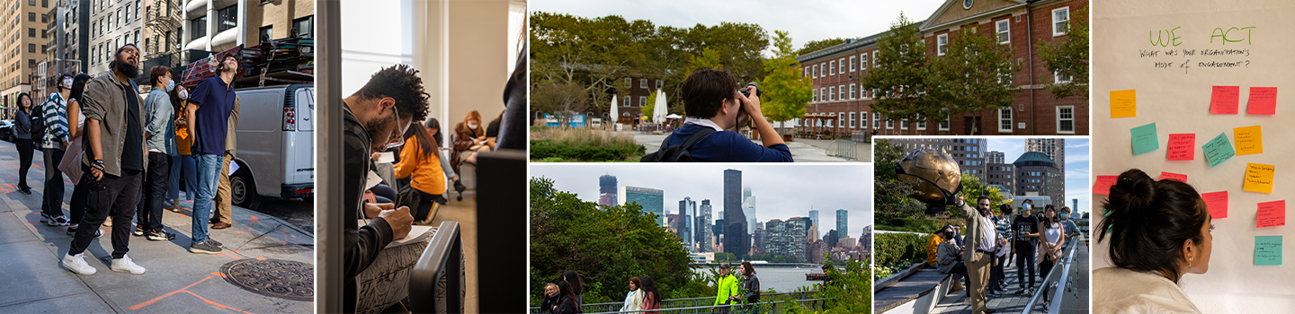 A series of images with people exploring a city, a person taking a photo, and looking at sticky notes.