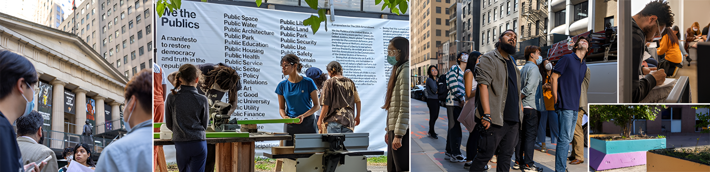 A series of images in a collage showing people interacting with city spaces, planning exercises, and sitting in chairs around a table.