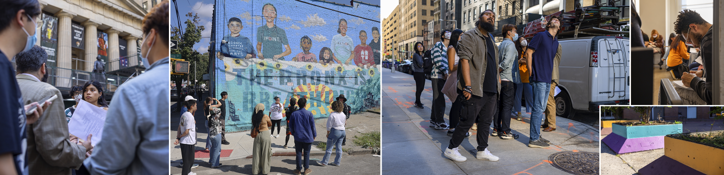 A series of images in a collage showing people interacting with city spaces, planning exercises, and sitting in chairs around a table.