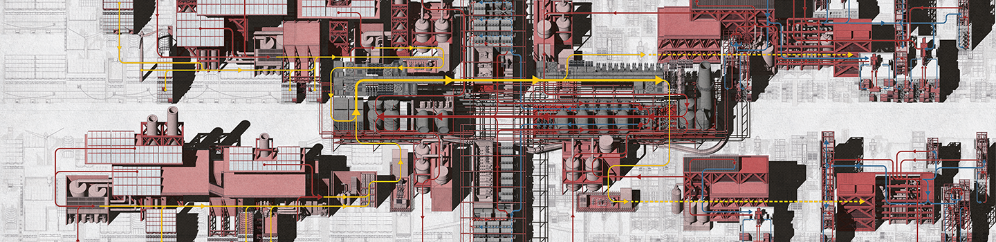 Red, yellow, grey, and black lines depicting architectural structures.