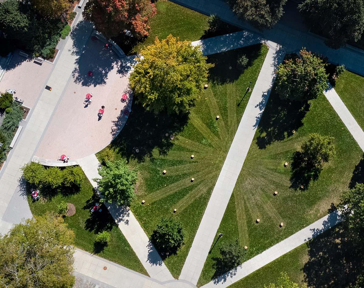 Grass, trees, and sidewalks with socially distancedi ndividuals as seen from above.