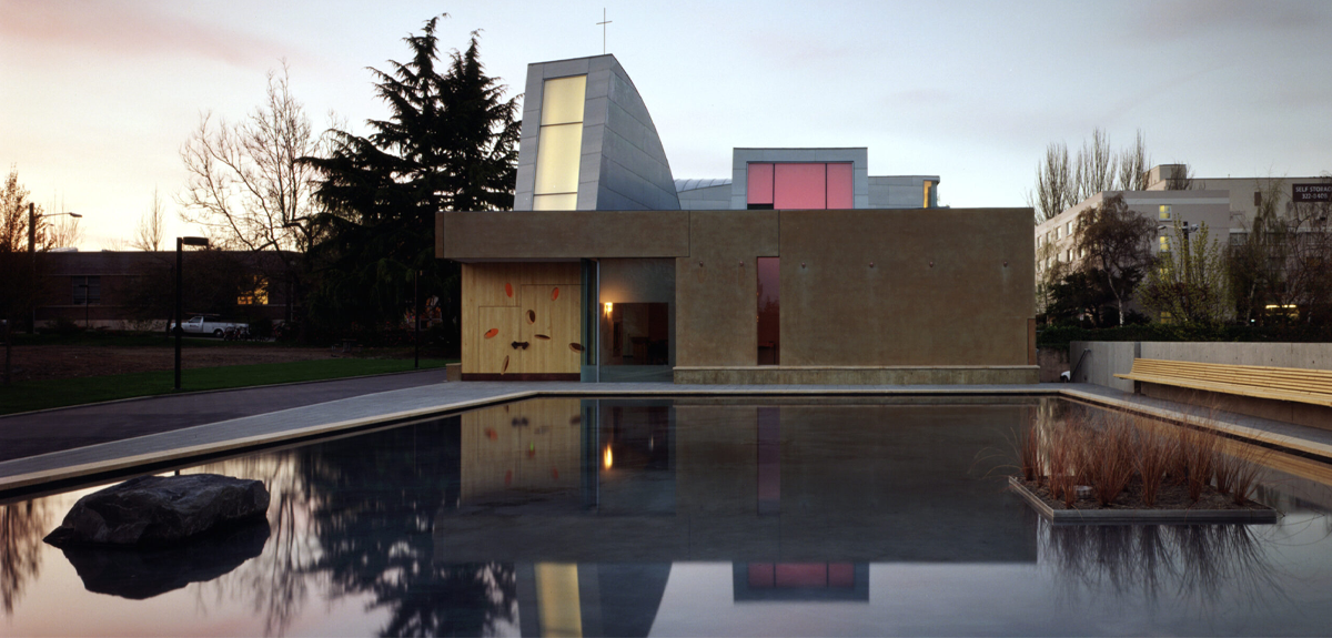 a chapel outside with illuminating features