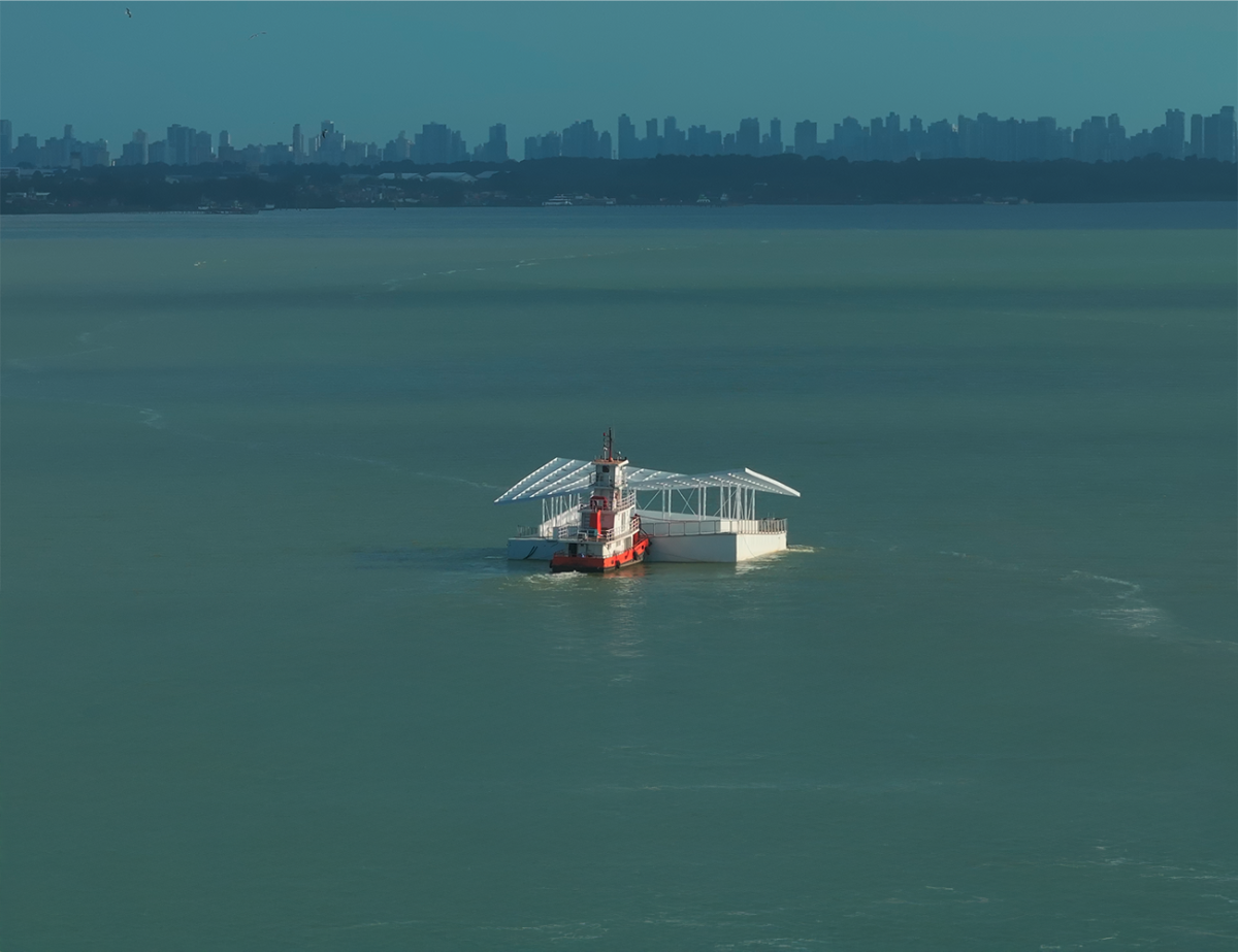 Pavilion floating down a river