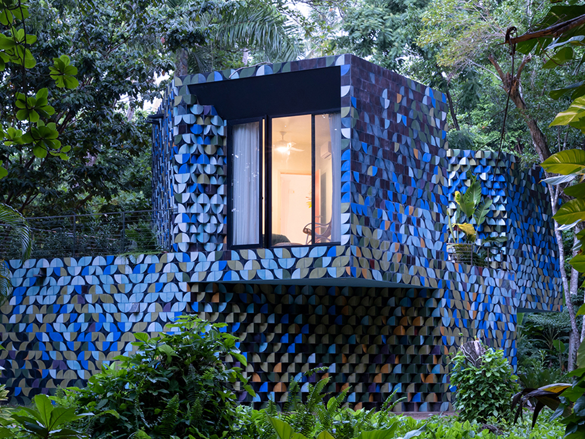A house composed of stacked and blue multi-colored concrete masonry blocks, foregrounded by a vibrant green jungle landscape. 