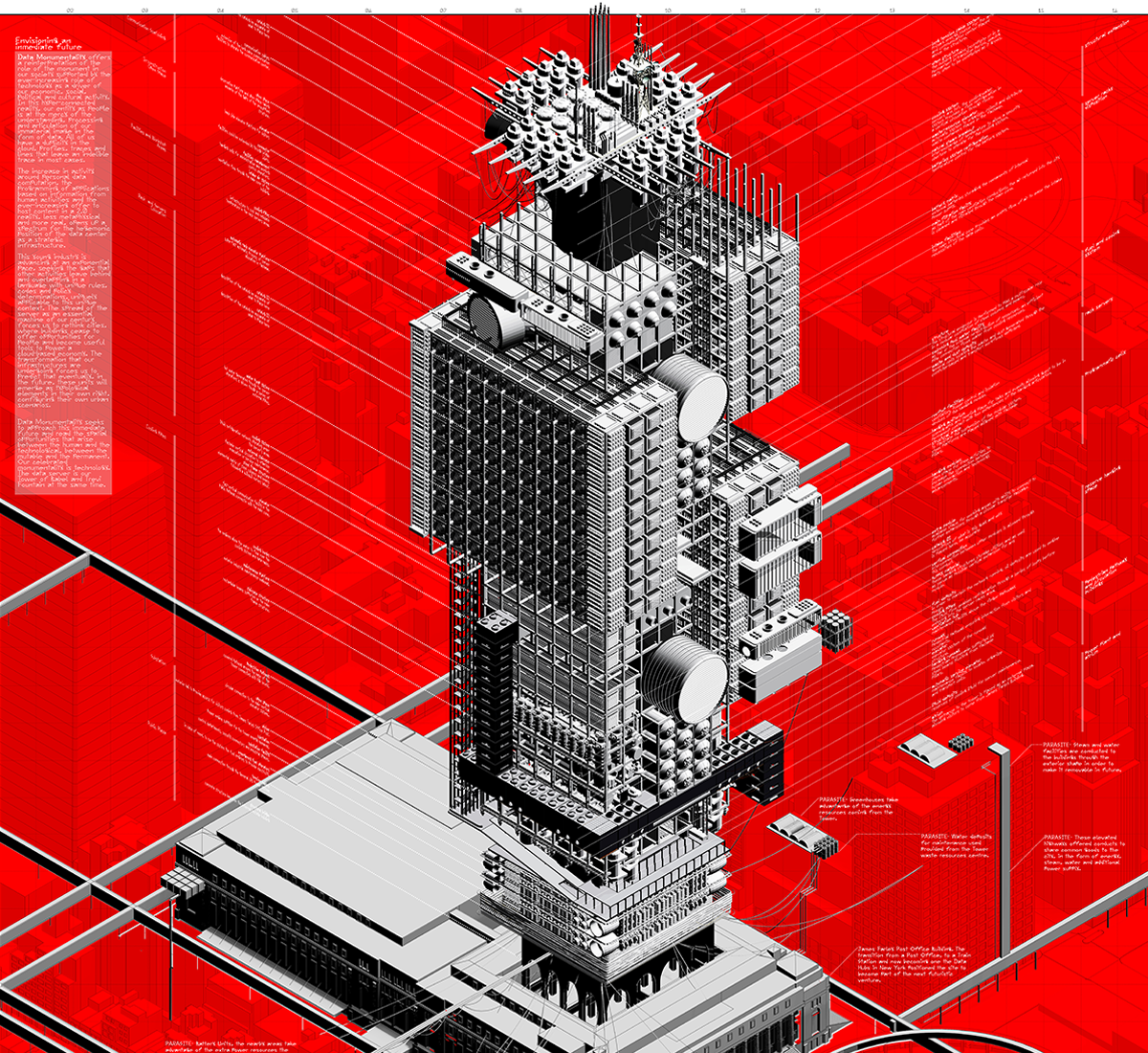 A black and white building render with a red background.