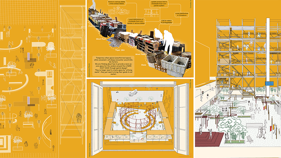 A bright yellow diagram showing architectural models and information.