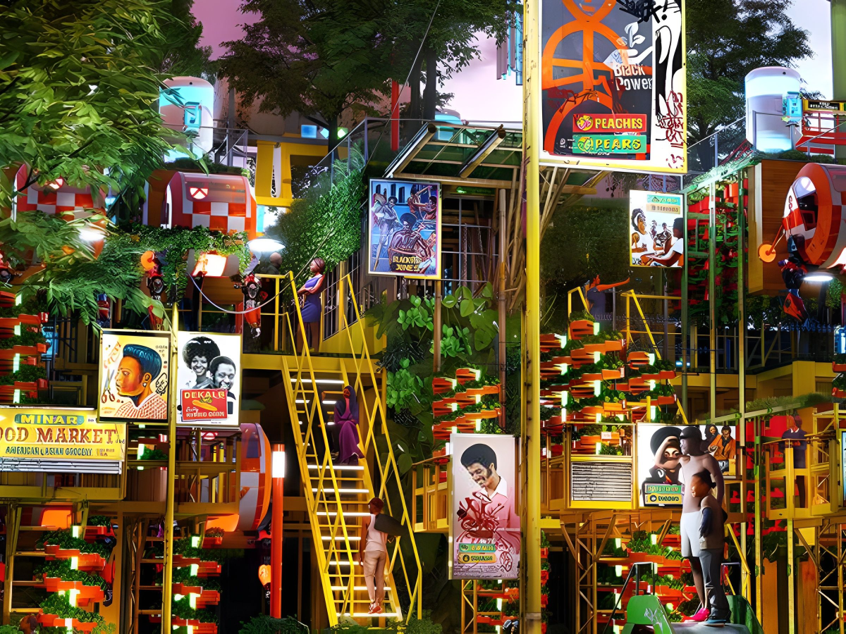 Large yellow metal staircases and advertisements within a tree dense space.