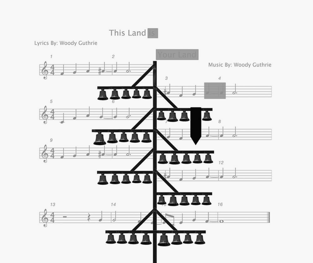 Illustration of a bell tree with one bell replaced by a black flag and sheet music in the background