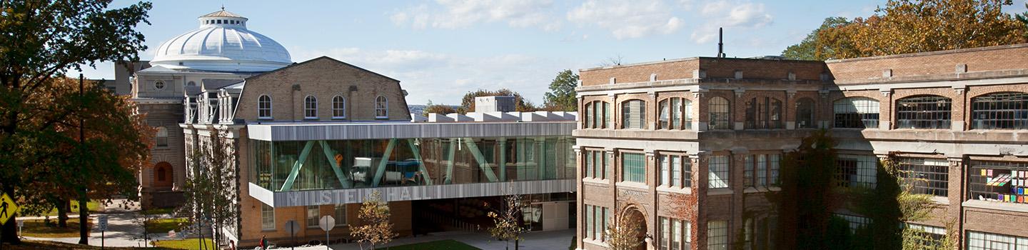 Brick buildings surrounded by trees and a blue sky.