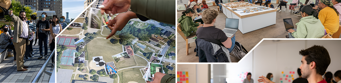 A series of images in a collage showing people interacting with city spaces, planning exercises, and sitting in chairs around a table.