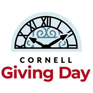 The upper half of a graphic ornate clock face with text below reading Cornell Giving Day