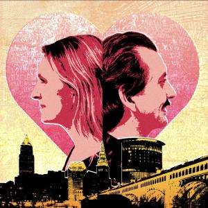 An illustration of a man and woman shown in profile back-to-back inside a large heart, with a city skyline below them.