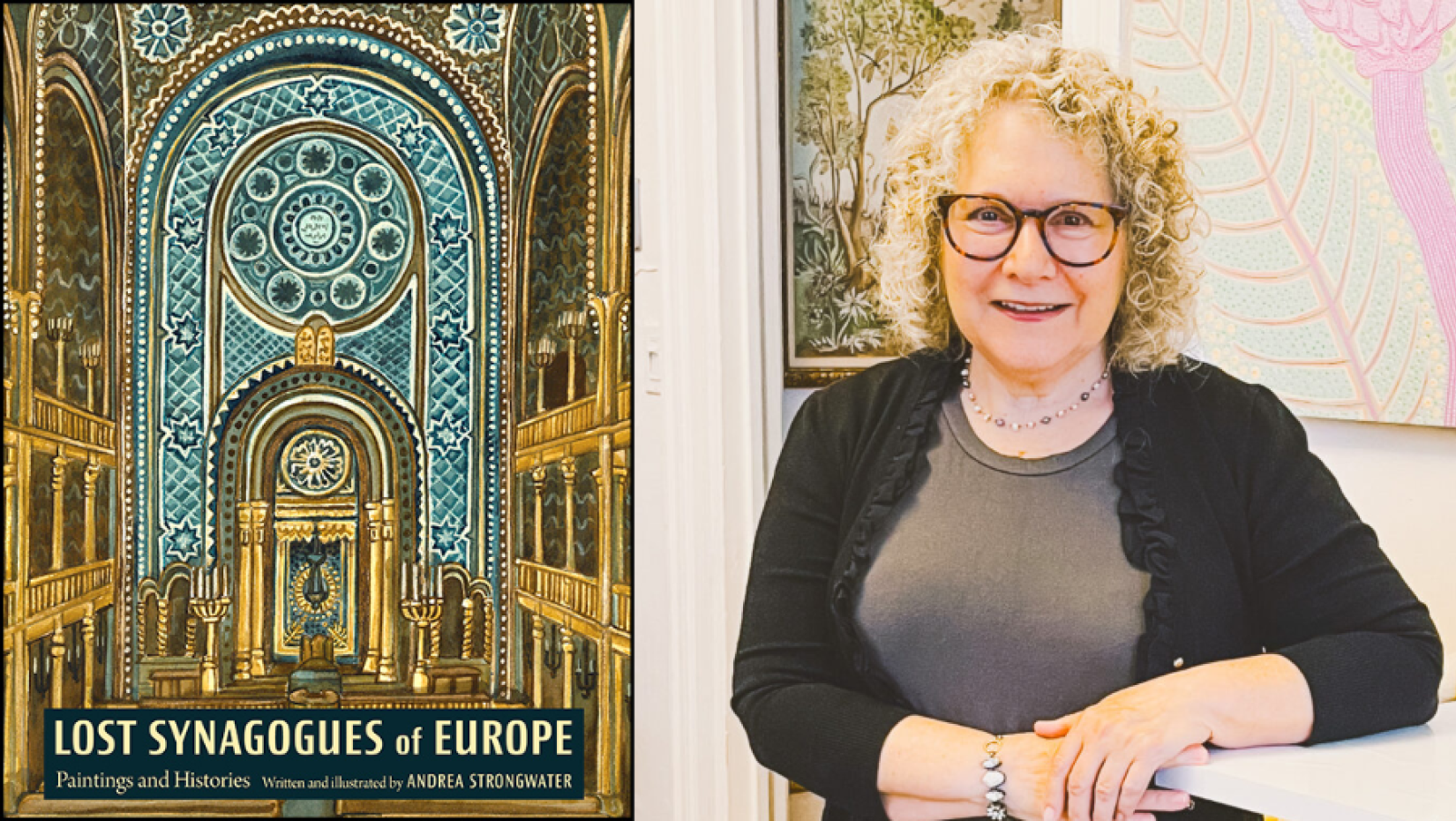 Split image of the illustrated cover of Lost Synagogues of Europe alongside a portrait of the artist standing indoors beside framed artwork.