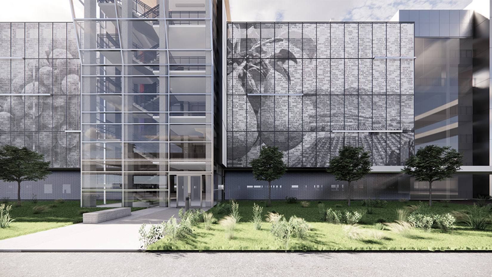 exterior of a parking garage covered in metal panels to create the image of an orchard