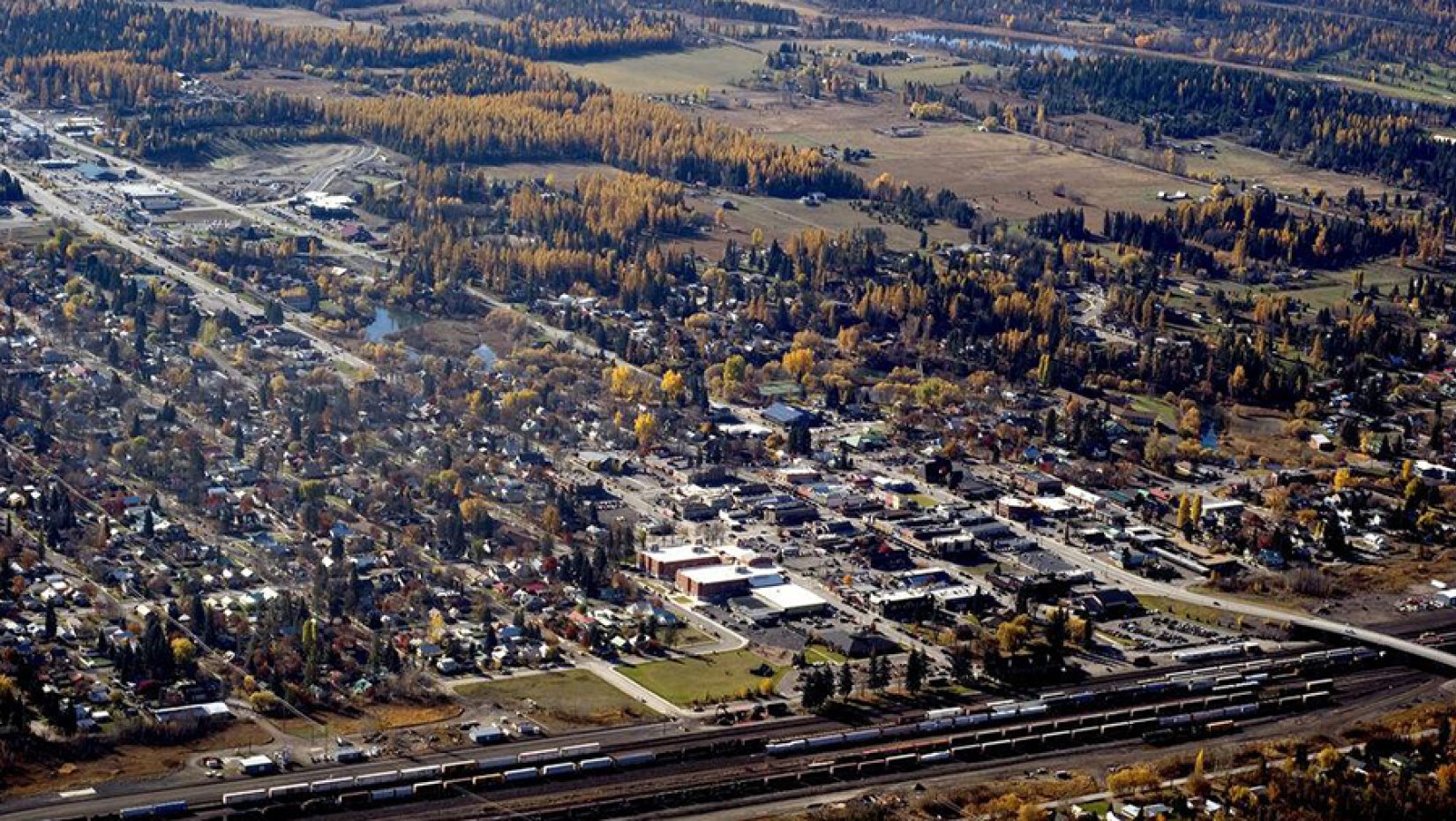 Aerial view of a small town in a forested area