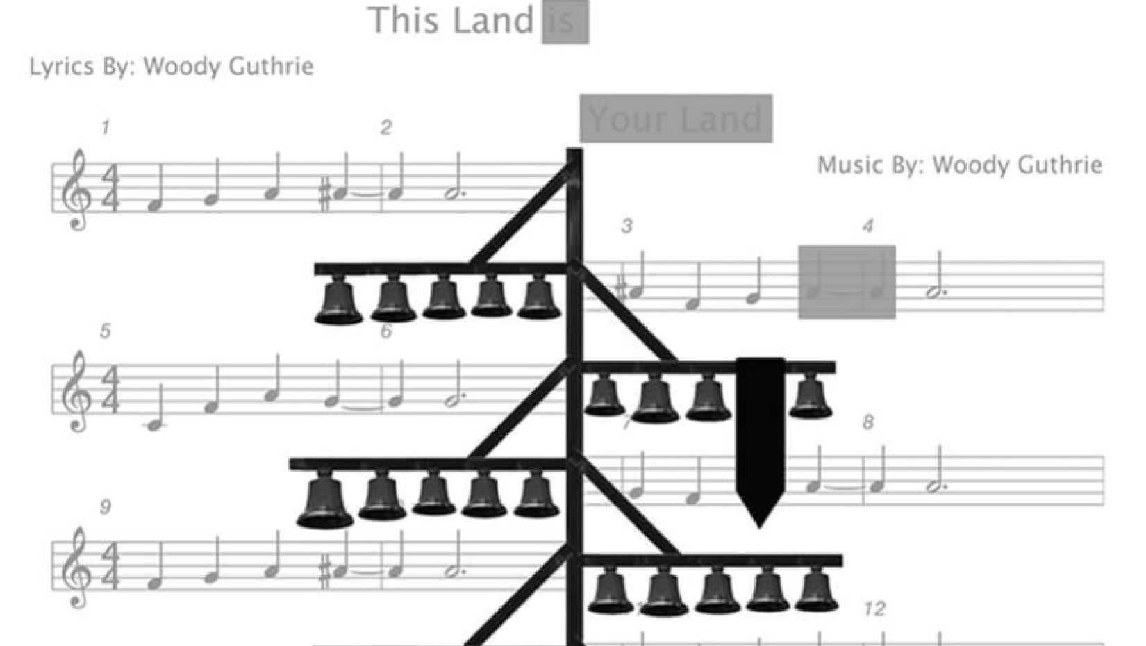Illustration of a bell tree with one bell replaced by a black flag and sheet music in the background