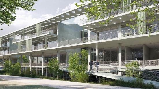 Rendering of a multi-level modern training center with perforated roof slabs, open terraces, and a pedestrian bridge set within a landscaped, wooded site.