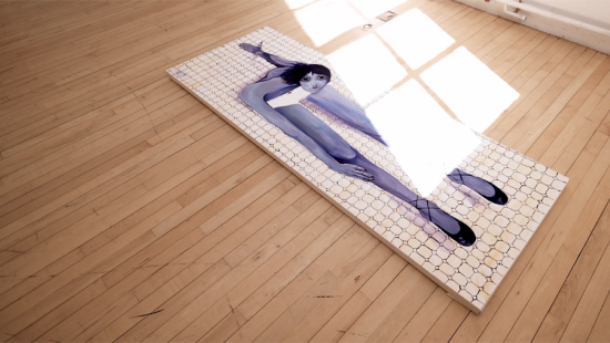 A large painting of a woman sitting on a tiled floor with sign rays from the window casting light.