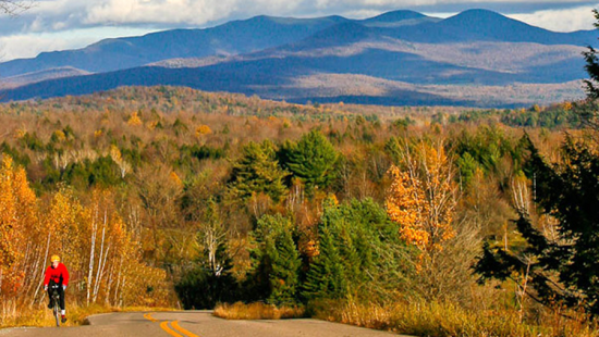 A person wearing a red shirt and a yellow helmet riding a bike on the road with trees and mountains in the background.