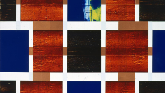 White stripes surrounding blue, black, and dark orange rectangles.