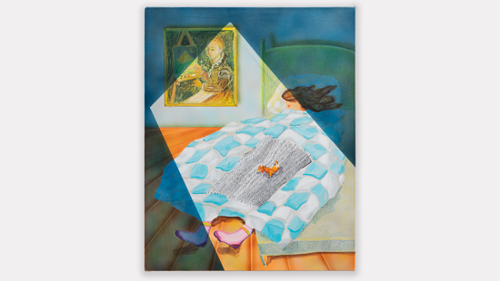 Artwork of a woman sleeping in a bed with a ray of moonlight beaming across the quilt