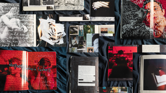 collage of images and text with red hues