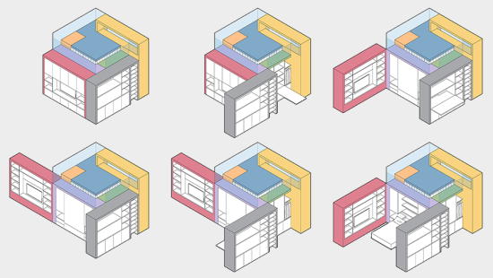 A series of colorful building models with interchangeable rooms.