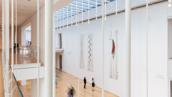 A gallery with art on the walls and large white pillars with a glass ceiling.