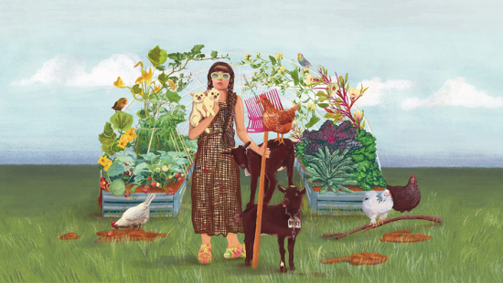 Painting of a yard with container gardens, chickens, calves, and a woman holding small dogs and a rake.