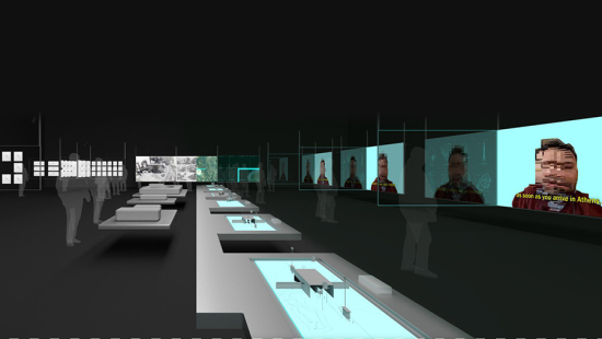Illustration of a exhibition space filled with video screens and illuminated tables.