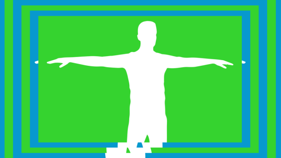 White figure with arms outstretched against a green and blue background.