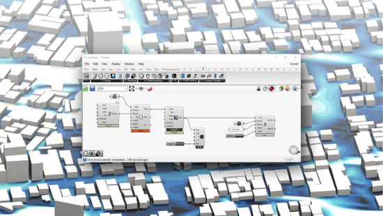 White three dimensional blocks surrounded by gradient blue shapes with a computer program window displayed on top.