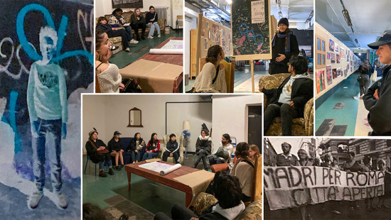 collage of images showing students in group discussion and and viewing artwork