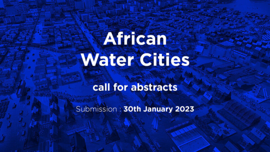 Blue and white poster calling for submissions for African Water Cities essays by January 30.