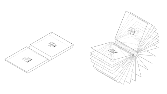 line illustration demonstrating a book's internal circular page cutouts 