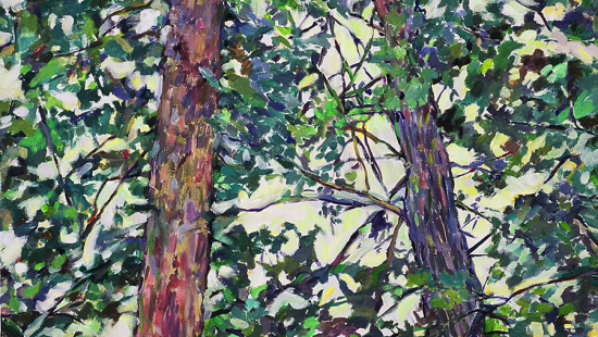Oil painting of trees with green leaves