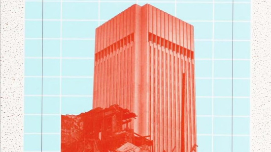 Orange illustration of a tall urban building on a blue background