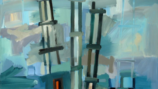 Dark blue lines form abstractly drawn ladders and buildings, over a soft background of varying shades of blue paint strokes. A sparingly used red appears at the base of a ladder and in a building window.