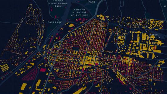 A map of the city of ithaca highlighting some buildings in red and otheres in yellow.