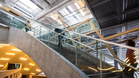 Students carrying a wooden frame up concrete steps