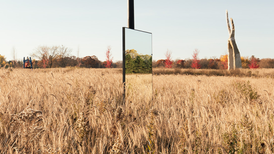 mirror mounted on a wooden pole in the middle of a brown grassy field