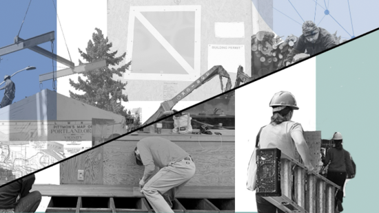 A collage of images that include construction workers and machinery.