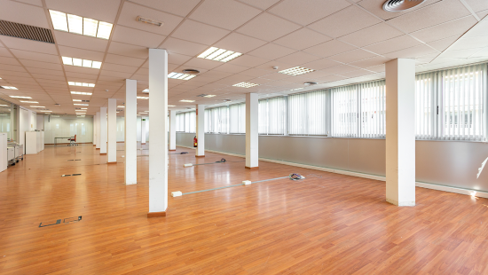 empty office space with white pillars and hard wood floor