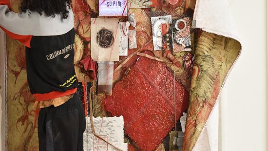 Tim Green (B.F.A. '24), Body Bag (2022), mixed media, installation view. 