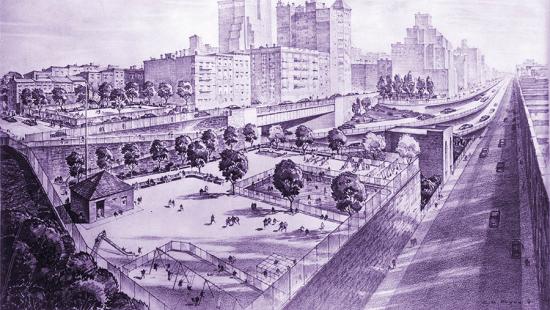 Drawing of New York City highway with ramps beside a playground and tall buildings.