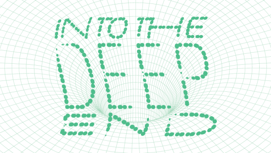 A green grid background with bright green dots spelling out Into the Deep End