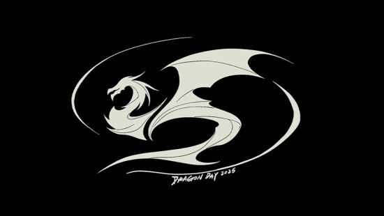 a white dragon graphic on a black background