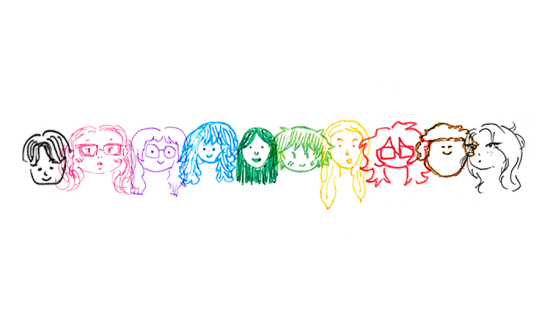 A drawing of ten heads of people, each in a different color and style.